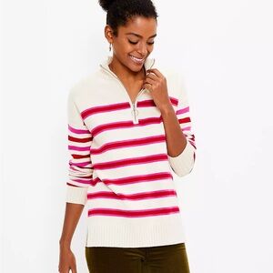 LOFT Cream and Pink Striped Half-Zip Sweater